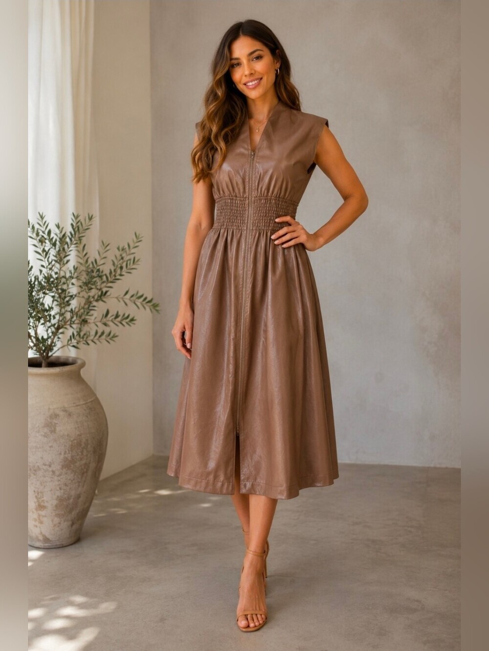 Sleeveless Faux Leather Shirred Waist Dress - Taupe